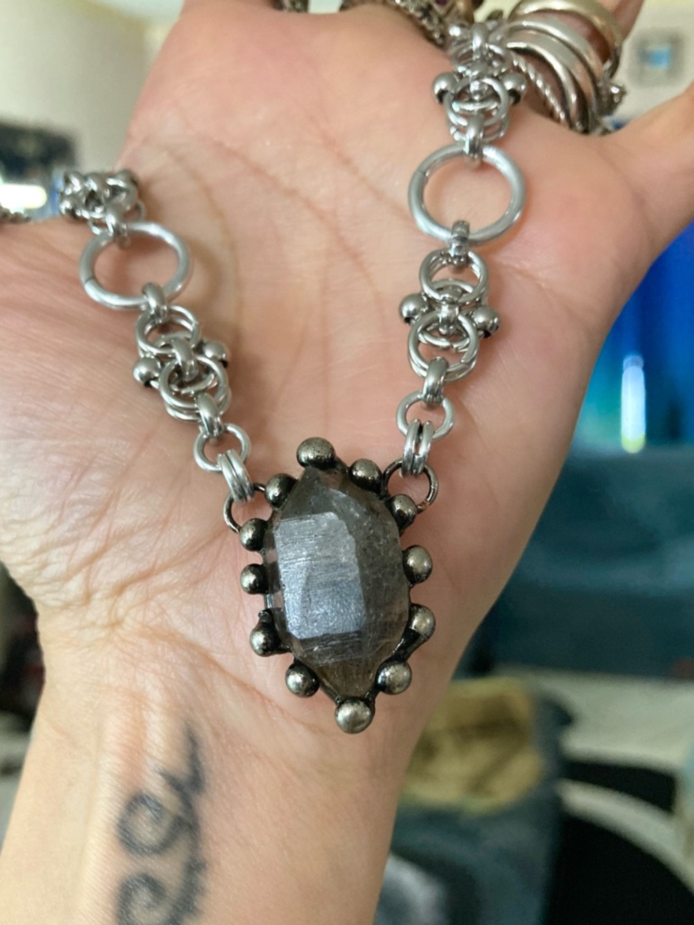 Smoky black herkimer diamond crystal on handmade maille stainless steel chain - Picture 13 of 16